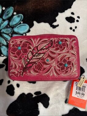 Embroidered Fuchsia Women's Zip Wallet with Turquoise Accents